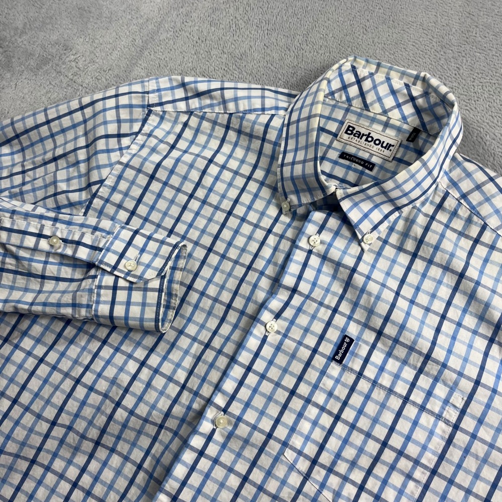Barbour Tattersall 15 Tailored Fit Shirt Men Medium Blue White Check MSH4683BL33